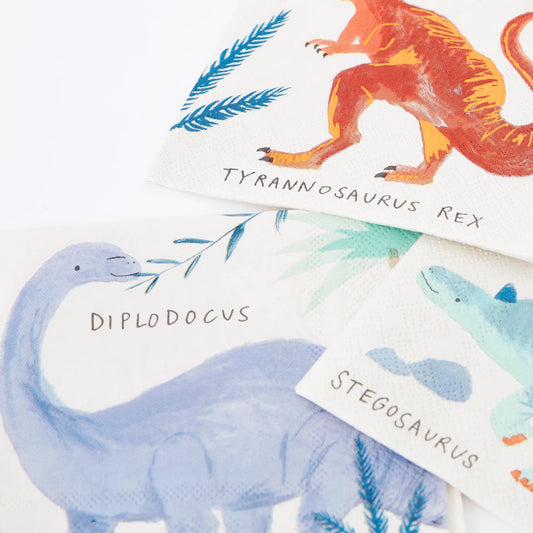 Dinosaur Party Napkins, Set of 16 Dinosaur Kingdom Small Paper Napkins by Meri Meri, 5" x 5" - Cohasset Party Supply