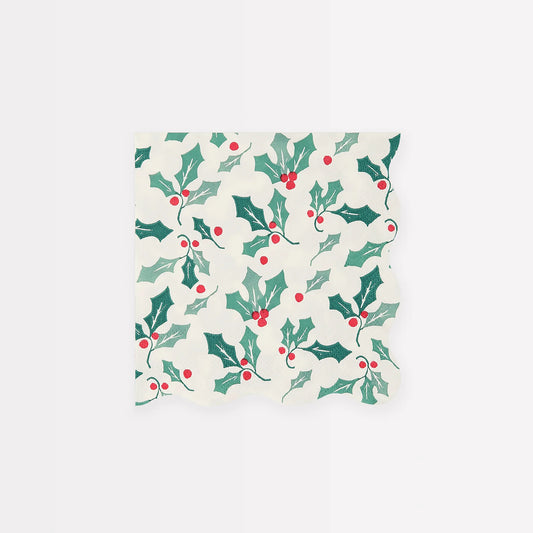 Holly Pattern Small Napkins, Set of 16 Christmas Cocktail Napkins from Meri Meri, 5 x 5 inches