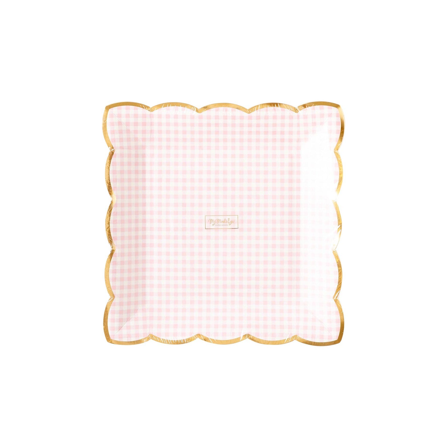 Pink Gingham Plate, Set of 8 Square Scallop Pink Pastel Paper Plates for Easter or a Spring Celebration - Cohasset Party Supply