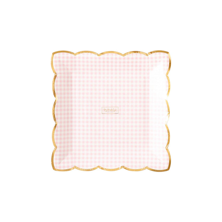 Pink Gingham Plate, Set of 8 Square Scallop Pink Pastel Paper Plates for Easter or a Spring Celebration - Cohasset Party Supply