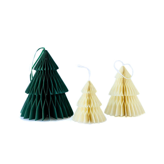 Green & Cream Honeycomb Trees, Beautiful Christmas Decor, Set of 3 Paper Honeycomb Trees