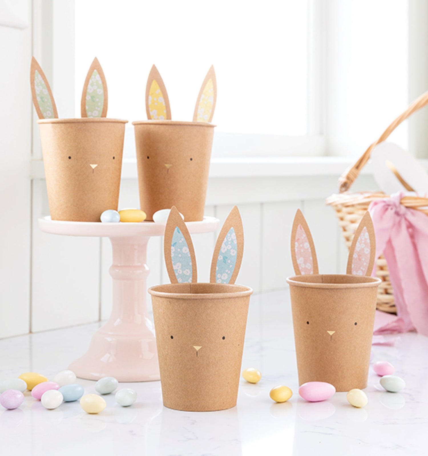 Easter Bunny Kraft Cups, Set of 8 Cups with Adhesive Bunny Ears - Cohasset Party Supply