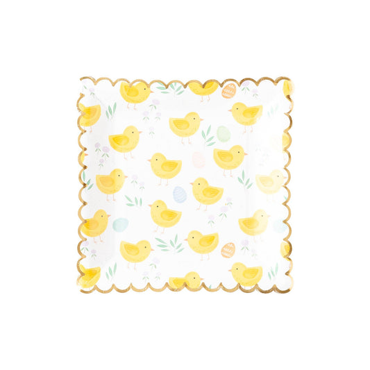 Scattered Chicks Plate, Set of 8 Square Scalloped Easter Chick Plates - Cohasset Party Supply