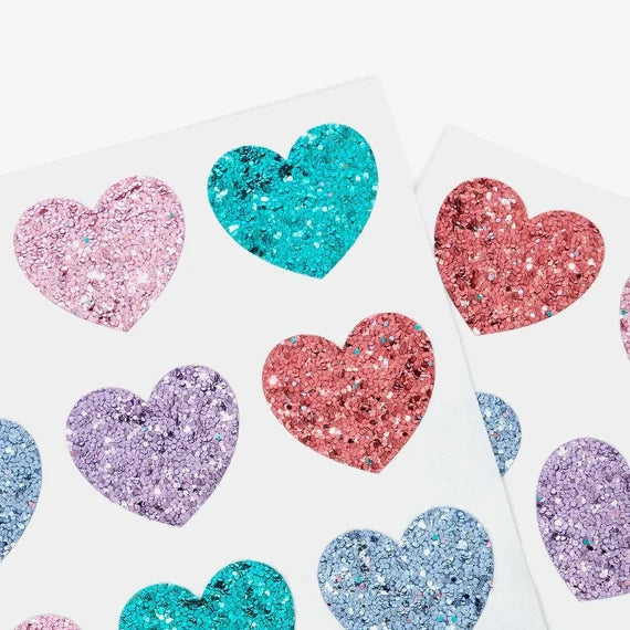 Rainbow Glitter Heart Stickers, Set of 96 Rainbow Glittery Heart Stickers by Meri Meri, Great For Valentine's Day Crafting - Cohasset Party Supply