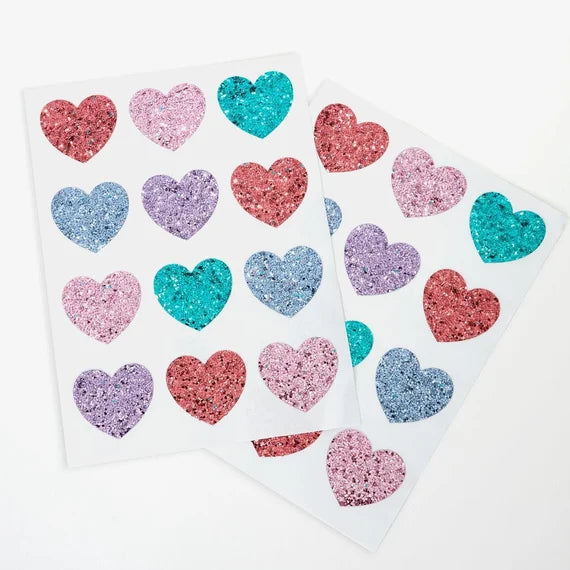 Rainbow Glitter Heart Stickers, Set of 96 Rainbow Glittery Heart Stickers by Meri Meri, Great For Valentine's Day Crafting - Cohasset Party Supply