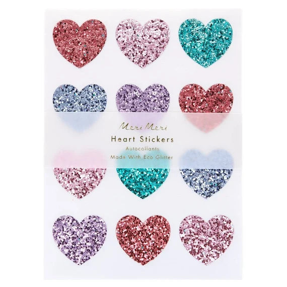 Rainbow Glitter Heart Stickers, Set of 96 Rainbow Glittery Heart Stickers by Meri Meri, Great For Valentine's Day Crafting - Cohasset Party Supply