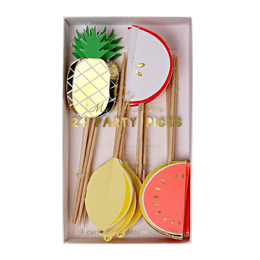 Fruit Party Picks, Set of 24 Meri Meri Fruit Party Picks with pineapple, melon, lemon and apple toppers, Great for a summer party! - Cohasset Party Supply