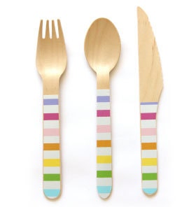 Rainbow Wooden Cutlery, Set of 24 Rainbow Stripe Wooden Forks, Spoons or Knives, The perfect touch for any rainbow-themed party! - Cohasset Party Supply