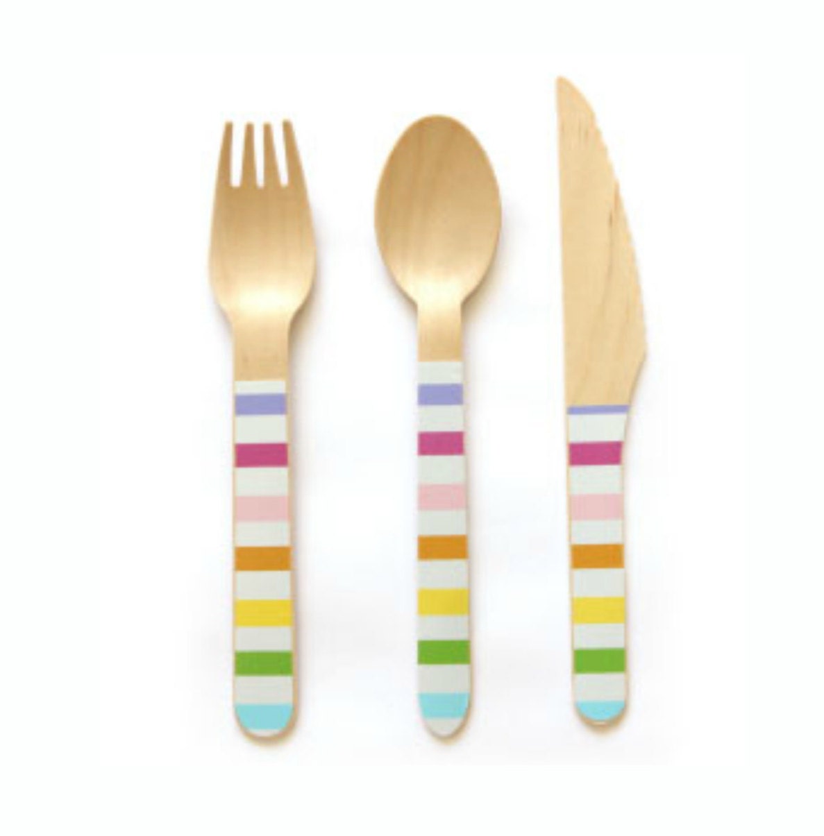 Rainbow Wooden Cutlery, Set of 24 Rainbow Stripe Wooden Forks, Spoons or Knives, The perfect touch for any rainbow-themed party! - Cohasset Party Supply