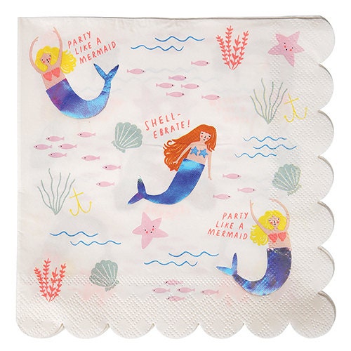 Large Mermaid Napkins, Set of 16 Meri Meri Large Square Mermaid Napkins with a Scallop Edge - Cohasset Party Supply