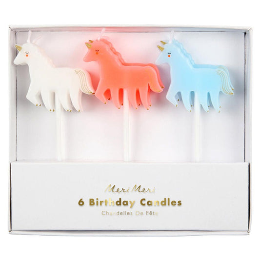 Mini Unicorn Birthday Candle, Set of 6 Meri Meri Unicorn Candle in 3 Colors (White, Pink, & Blue) - Cohasset Party Supply