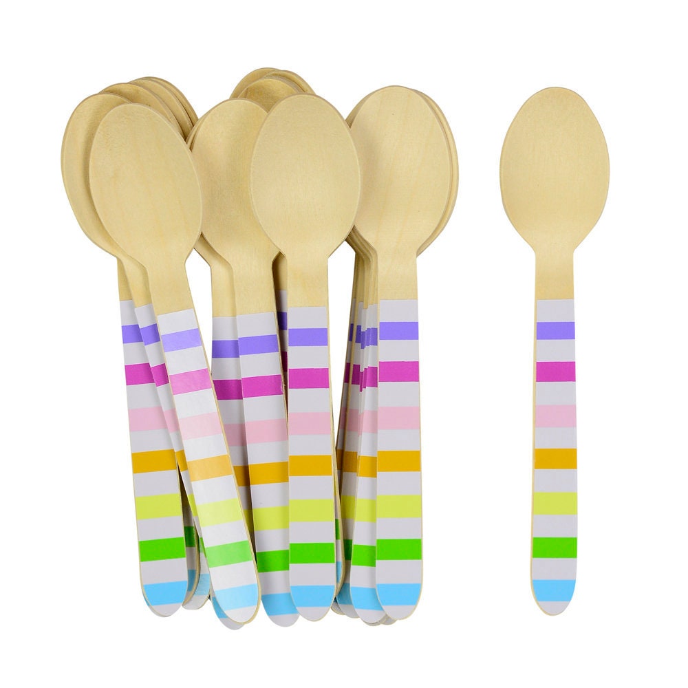 Rainbow Wooden Cutlery, Set of 24 Rainbow Stripe Wooden Forks, Spoons or Knives, The perfect touch for any rainbow-themed party! - Cohasset Party Supply