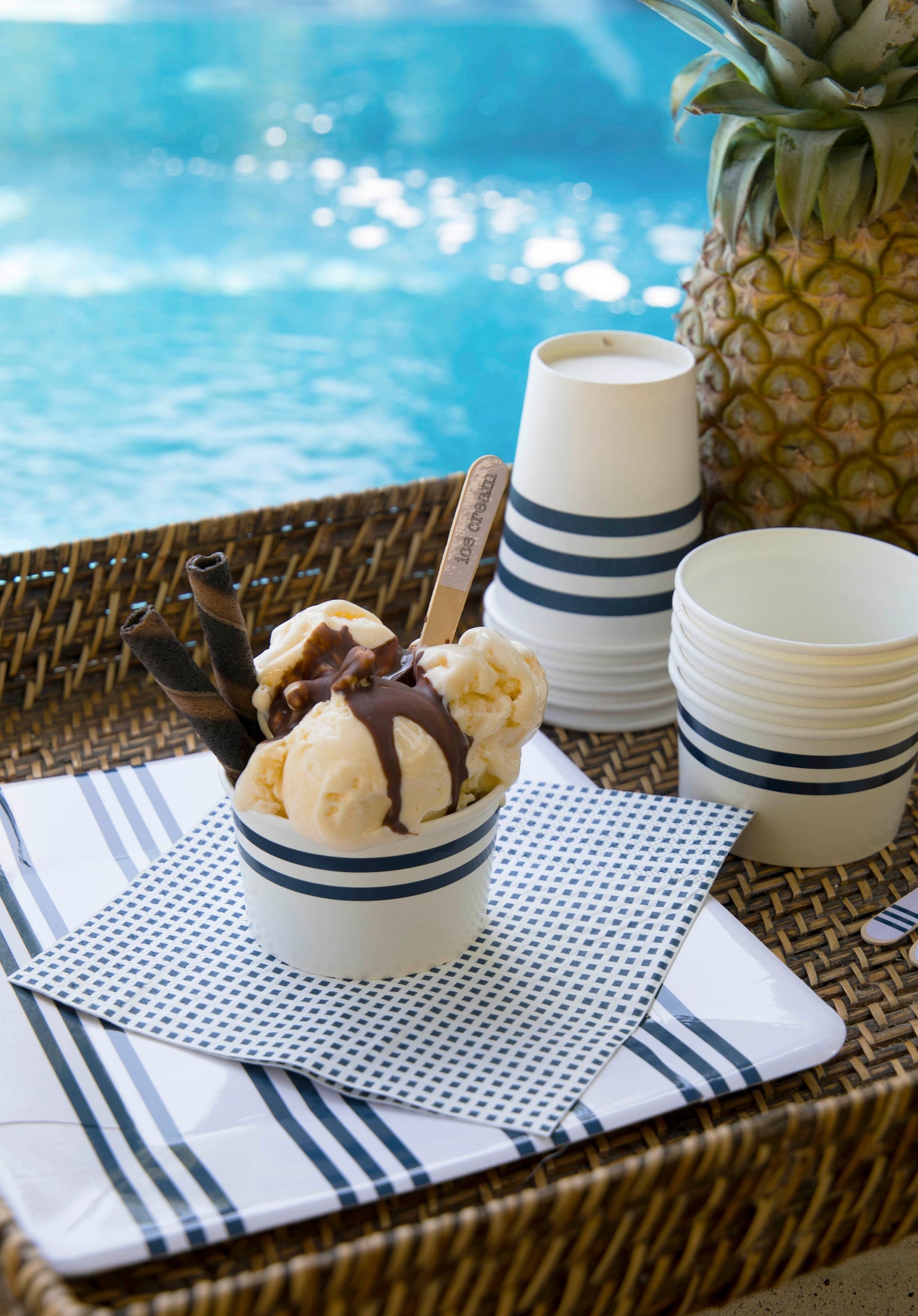 Mini Navy Blue & White Wooden Ice Cream Spoons, Set of 12 Navy and White Striped Mini Wooden Spoons - Cohasset Party Supply