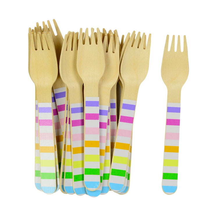 Rainbow Wooden Cutlery, Set of 24 Rainbow Stripe Wooden Forks, Spoons or Knives, The perfect touch for any rainbow-themed party! - Cohasset Party Supply