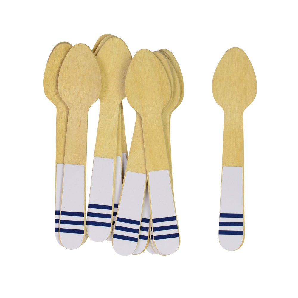 Mini Navy Blue & White Wooden Ice Cream Spoons, Set of 12 Navy and White Striped Mini Wooden Spoons - Cohasset Party Supply
