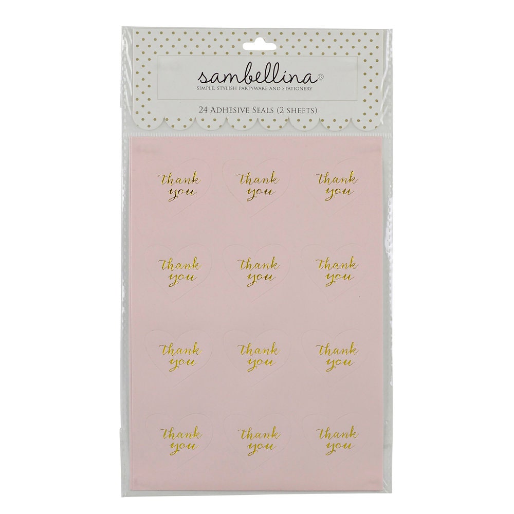 Pink and Gold Foil Heart Thank You Sticker Seals - Set of 24 Pink Heart Thank You Stickers - Great To Seal Favor or Treat Bags - Cohasset Party Supply