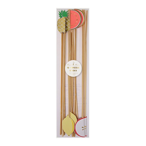 Fruit Swizzle Picks - Set of 12 Meri Meri Fruit Swizzle Sticks with pineapple, melon, lemon and apple toppers- Great for a summer party! - Cohasset Party Supply