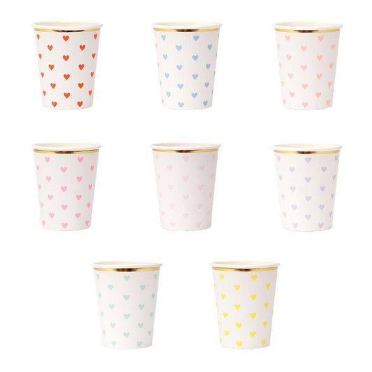 Rainbow Heart Paper Cups - Set of 8 Heart Party Cups in a Rainbow of Shades & Gold Foil Details by Meri Meri - Cohasset Party Supply