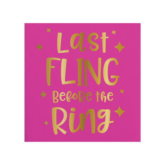 Last Fling Before the Ring Bachelorette Napkins, Set of 20 Bright Pink Beverage Napkins With Gold Foil Lettering - Cohasset Party Supply