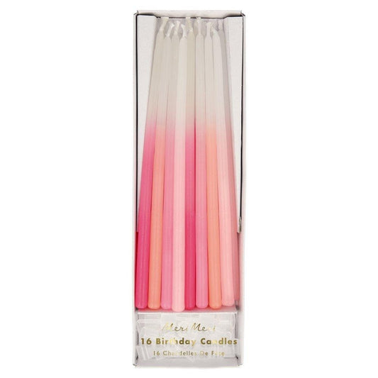 Pink Dipped Tapered Candles, Set of 16 Large Birthday Candles Dipped in 4 Beautiful Pink Shades by Meri Meri, 6.8" Tall - Cohasset Party Supply