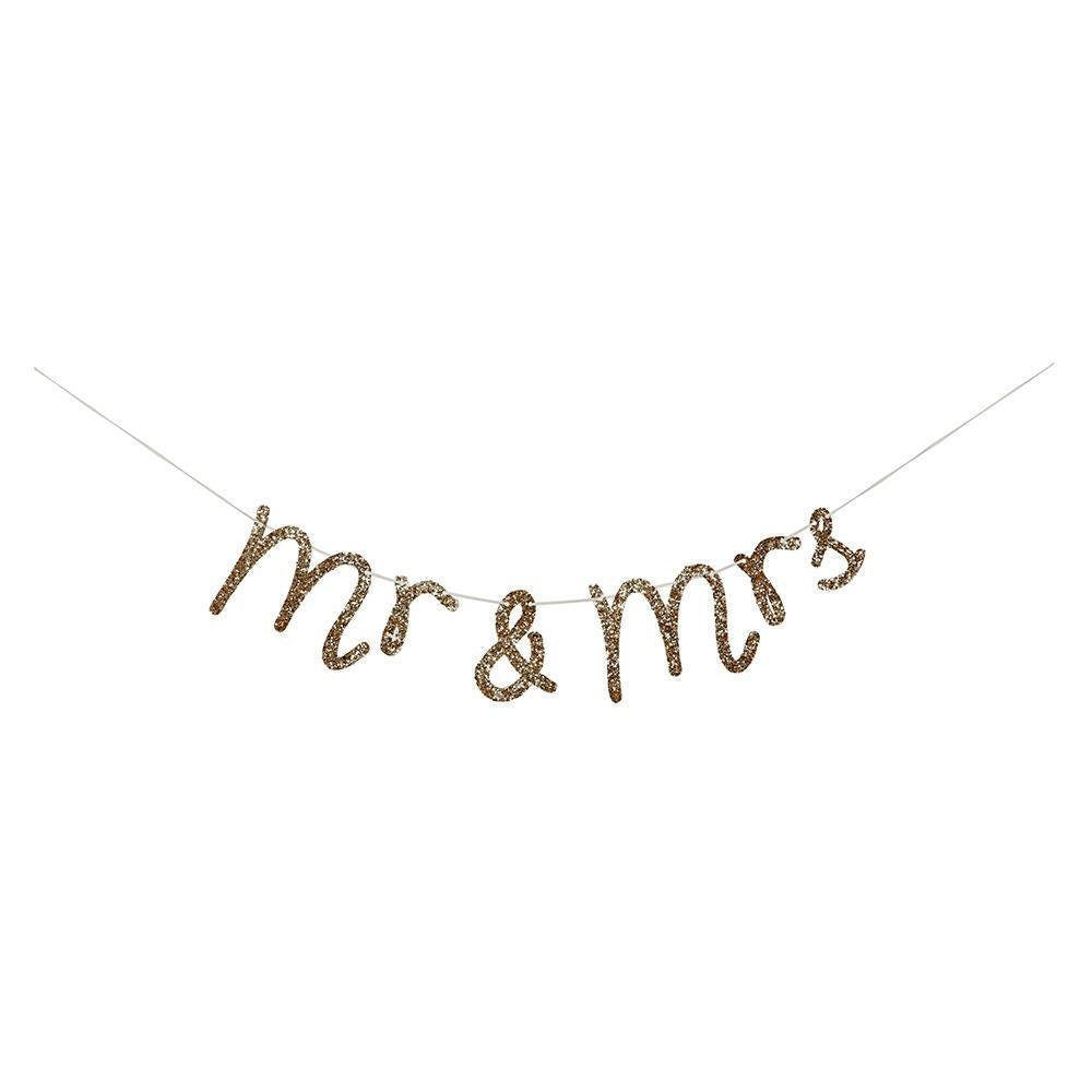 Mr. and Mrs. Gold Glitter Garland, Add Some Sparkle To Your Wedding or Bridal Shower with this "Mr & Mrs" Pennant, 5 Feet Long - Cohasset Party Supply