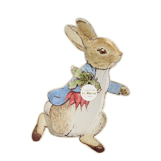 Large Peter Rabbit Plates, Set of 12 Large Die-Cut Peter Rabbit Plates by Meri Meri, 6 x 10 inches - Cohasset Party Supply