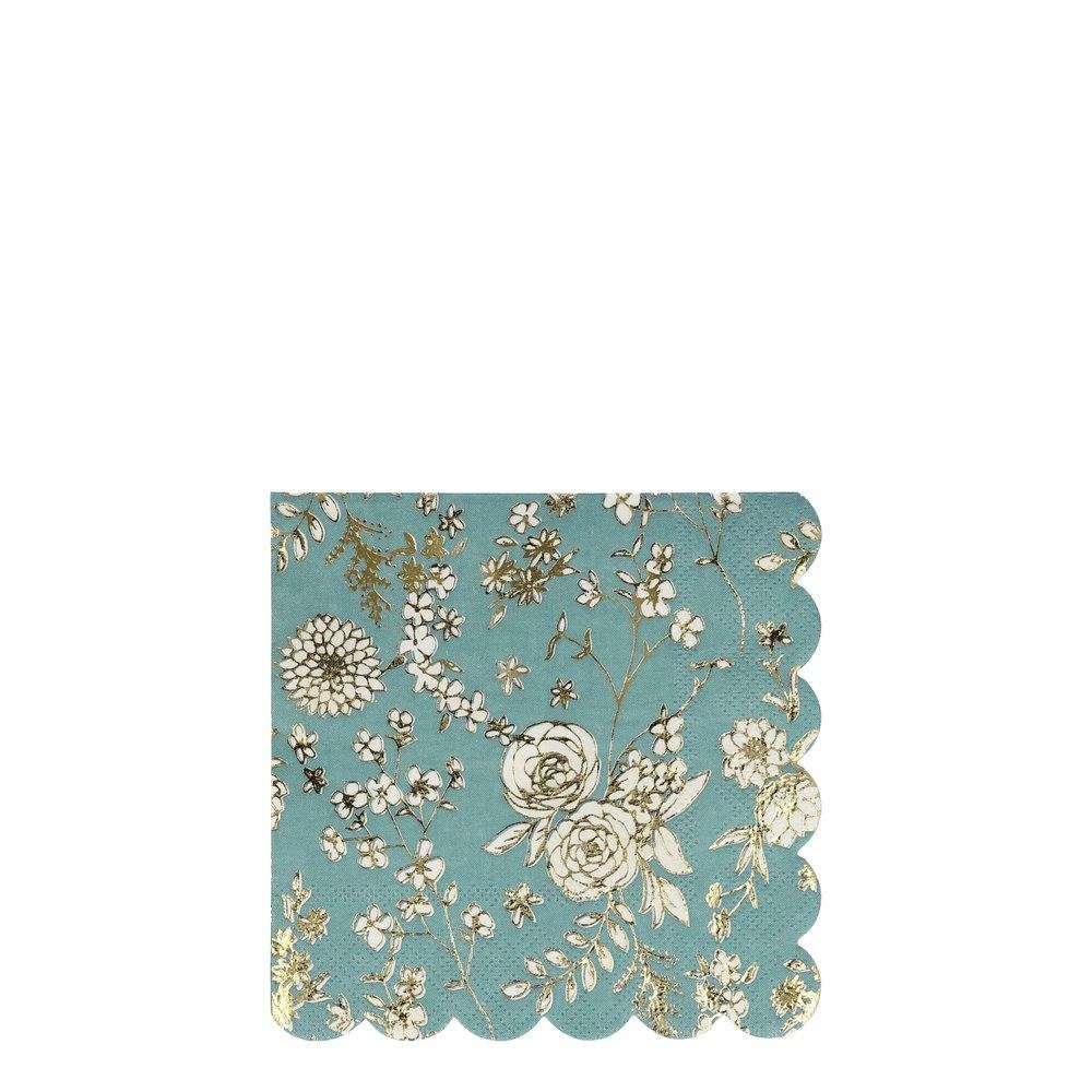 English Garden Lace Small Napkins, Set of 16 Meri Meri Floral Small Napkins with Gold Foil Details & Scalloped Edging - Cohasset Party Supply