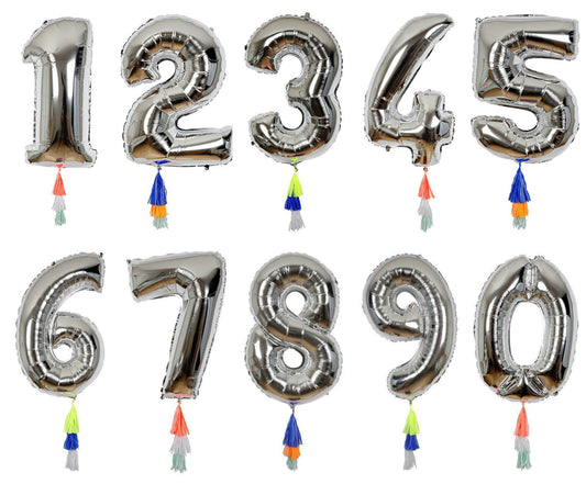 Number Birthday Balloons, Large Silver Number Balloons with 3 Decorative Colorful Tissue Tassels by Meri Meri, 0-9 - Cohasset Party Supply