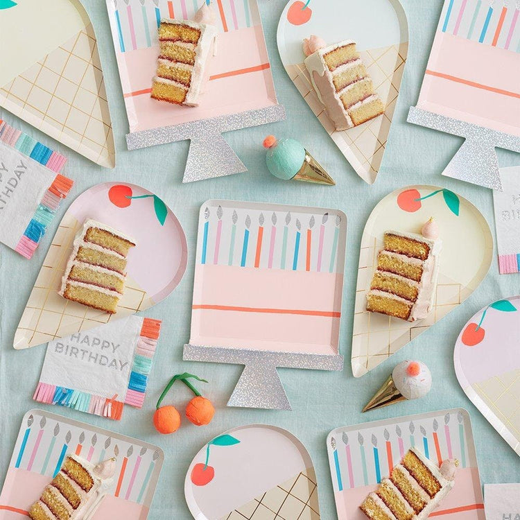 Birthday Cake Paper Plates, Set of 8 Die-Cut Birthday Cake Party Plates with Silver Sparkle Foil Details by Meri Meri - Cohasset Party Supply