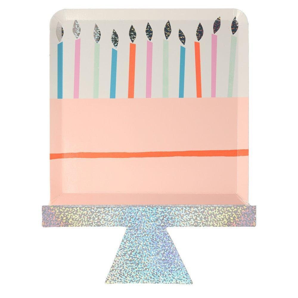 Birthday Cake Paper Plates, Set of 8 Die-Cut Birthday Cake Party Plates with Silver Sparkle Foil Details by Meri Meri - Cohasset Party Supply