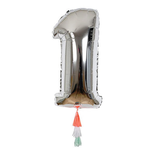 Number Birthday Balloons, Large Silver Number Balloons with 3 Decorative Colorful Tissue Tassels by Meri Meri, 0-9 - Cohasset Party Supply