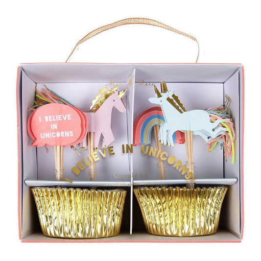 I Believe in Unicorns Cupcake Kit by Meri Meri, Includes 24 Cupcake Liners in Gold Foil and 24 Toppers in 4 Rainbow and Unicorn Styles - Cohasset Party Supply