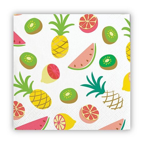 Fruit Cocktail Napkins, Set of 20 Pineapple and Citrus Napkins in Pink and Gold, Fun Napkins for a Tropical Party! - Cohasset Party Supply