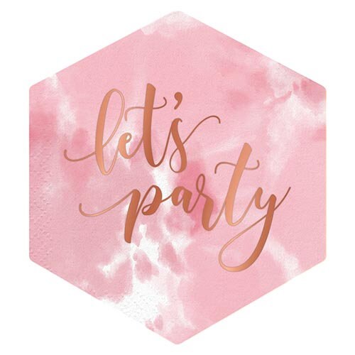 Let's Party Hexagon-Shaped Cocktail Napkins, Set of 20 Pink and White Tie-Dye Beverage Napkins With Gold Foil Lettering - Cohasset Party Supply