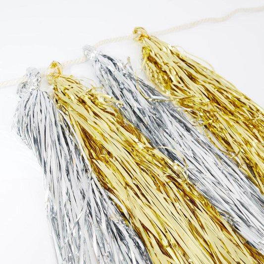 Gold & Silver Tassel Garland, Add Some Sparkle To Your Next Party with this 10+ Foot Garland with 12 Tassel Pennants by Meri Meri - Cohasset Party Supply