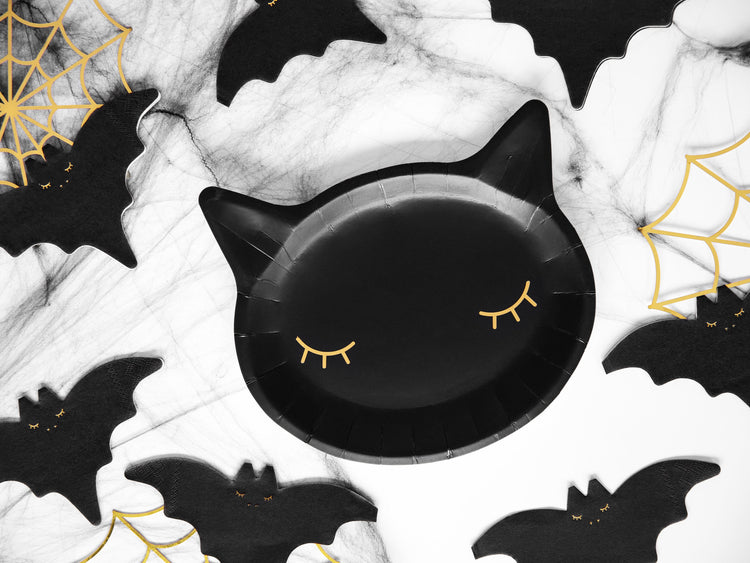 Black Cat Halloween Plates, Set of 6 Black Cat Paper Plates with Gold Foil Eyelashes, Cat-Shaped Plates are Perfect for a Halloween Party! - Cohasset Party Supply