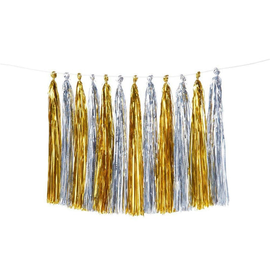 Gold & Silver Tassel Garland, Add Some Sparkle To Your Next Party with this 10+ Foot Garland with 12 Tassel Pennants by Meri Meri - Cohasset Party Supply