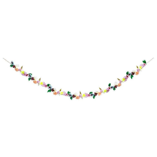 Lilac Blossom Garland,  11 and a Half Foot Floral Pennant by Meri Meri, Features 78 Assorted Flowers and Leaf Pennants with Gold Foil Detail - Cohasset Party Supply