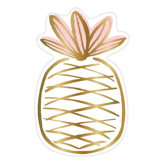 Gold Foil Pineapple Paper Plates with Pink Accents, Set of 8 Shiny Gold Pineapple-Shaped Plates - Cohasset Party Supply