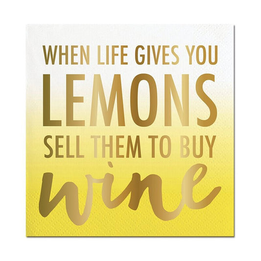 When Life Gives You Lemons Sell Them To Buy Wine, Set of 20 Yellow Ombre Napkins with Gold Foil Lettering - Cohasset Party Supply