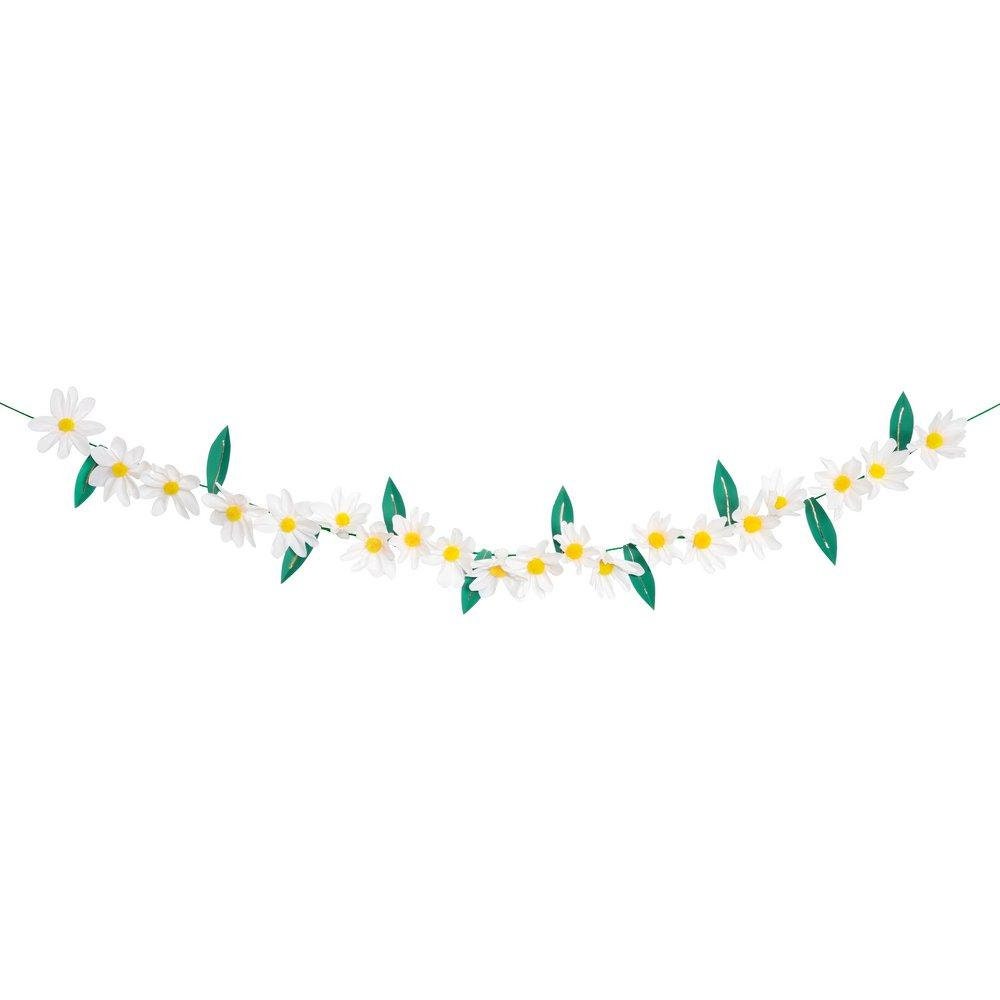 Wild Daisy Garland, 8 Foot Floral Pennant by Meri Meri, Features Crepe Paper Daisies and Green Leaves with Gold Foil Details - Cohasset Party Supply