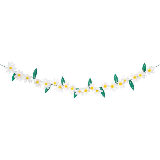 Wild Daisy Garland, 8 Foot Floral Pennant by Meri Meri, Features Crepe Paper Daisies and Green Leaves with Gold Foil Details - Cohasset Party Supply