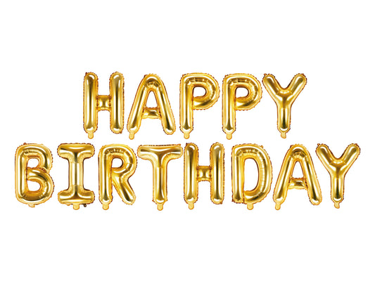 Gold Happy Birthday Balloon Letters with 14" Balloons, Birthday Ballon Kit Includes 13 Mylar Balloons - Cohasset Party Supply