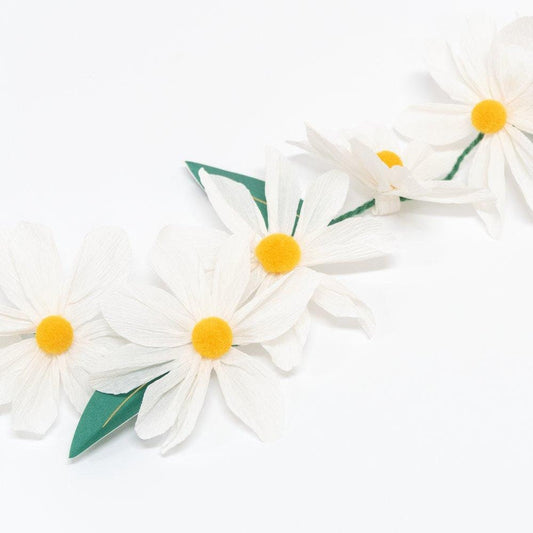 Wild Daisy Garland, 8 Foot Floral Pennant by Meri Meri, Features Crepe Paper Daisies and Green Leaves with Gold Foil Details - Cohasset Party Supply