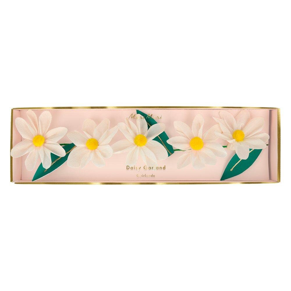 Wild Daisy Garland, 8 Foot Floral Pennant by Meri Meri, Features Crepe Paper Daisies and Green Leaves with Gold Foil Details - Cohasset Party Supply