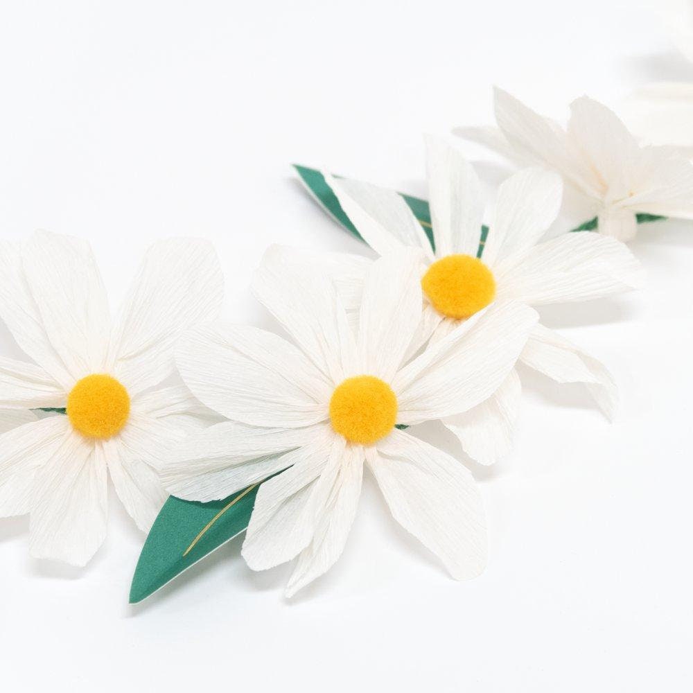 Wild Daisy Garland, 8 Foot Floral Pennant by Meri Meri, Features Crepe Paper Daisies and Green Leaves with Gold Foil Details - Cohasset Party Supply