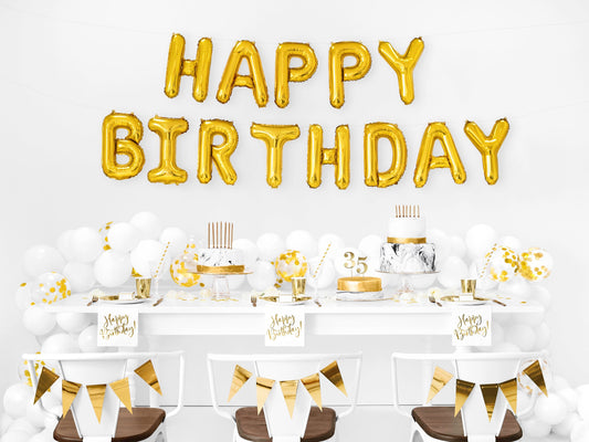 Gold Happy Birthday Balloon Letters with 14" Balloons, Birthday Ballon Kit Includes 13 Mylar Balloons - Cohasset Party Supply