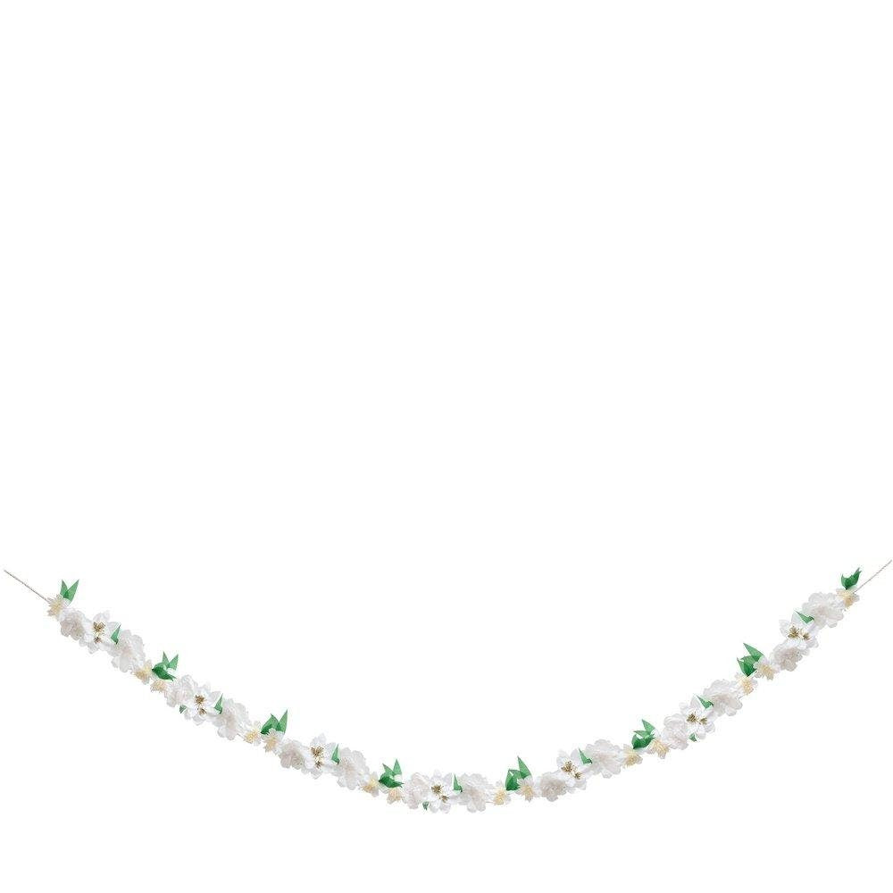 Wild Blossom Garland, 11 Foot White Floral Pennant by Meri Meri, Features 45 Tissue Flowers and Green Pennants with Gold Foil Details - Cohasset Party Supply