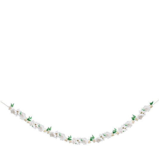 Wild Blossom Garland, 11 Foot White Floral Pennant by Meri Meri, Features 45 Tissue Flowers and Green Pennants with Gold Foil Details - Cohasset Party Supply