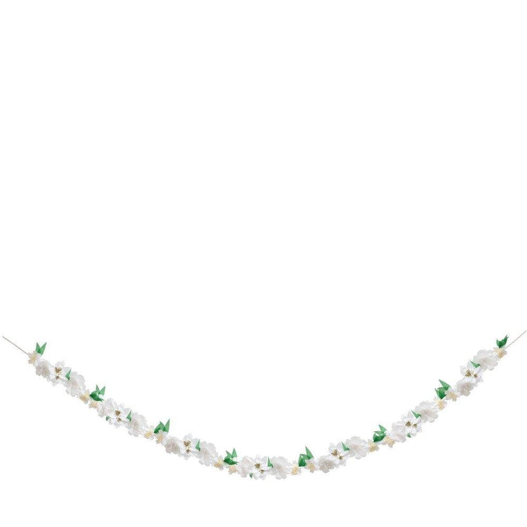 Wild Blossom Garland, 11 Foot White Floral Pennant by Meri Meri, Features 45 Tissue Flowers and Green Pennants with Gold Foil Details - Cohasset Party Supply